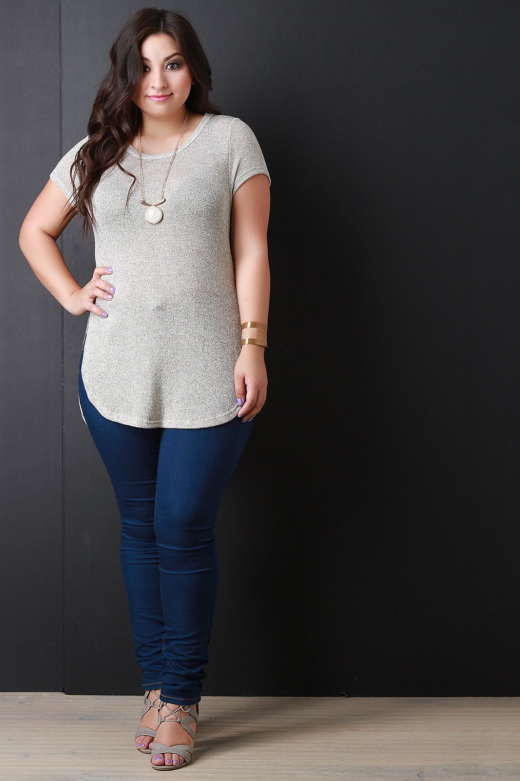 Metallic Knit Round High Low Hem Top