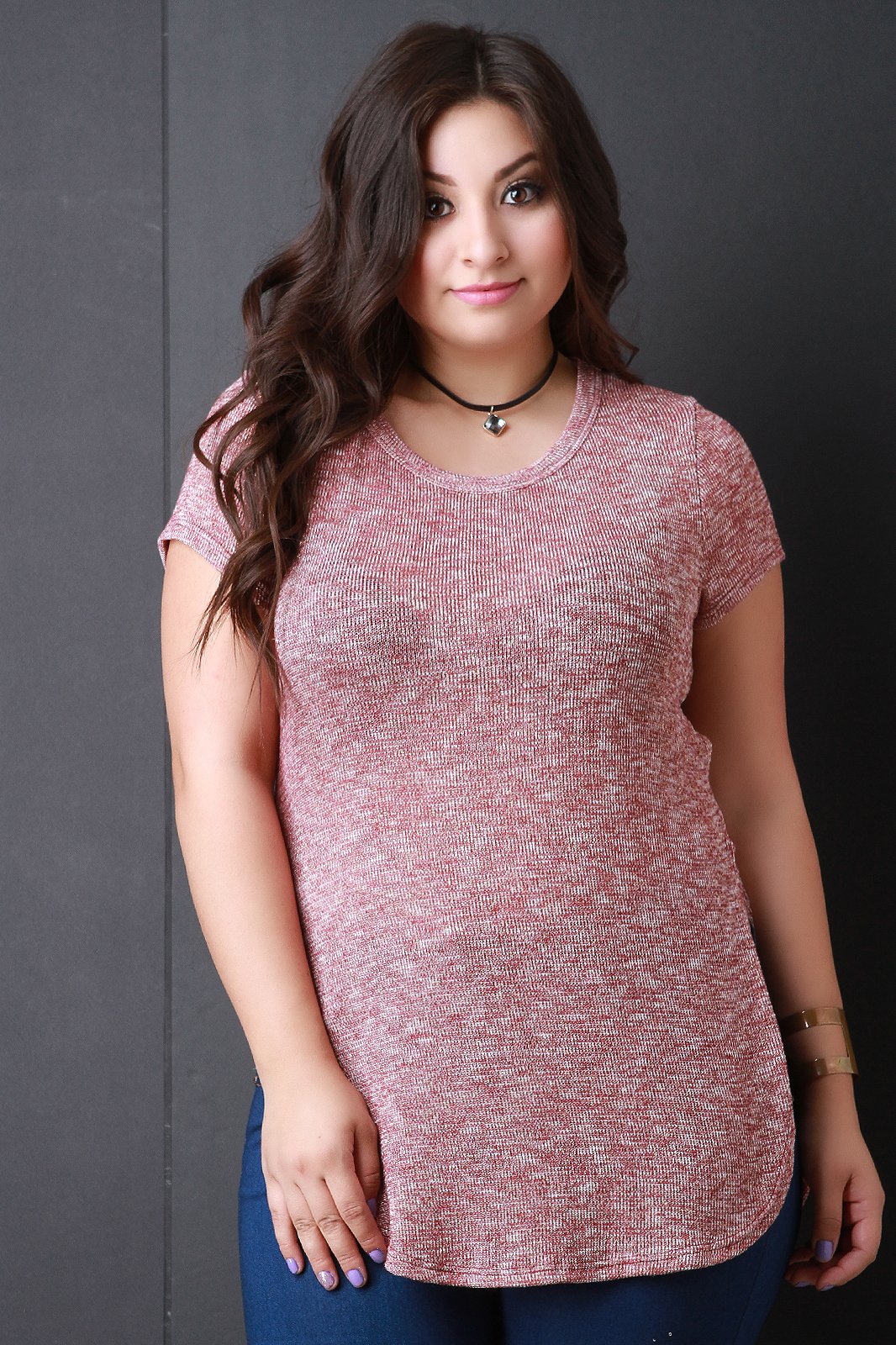 Metallic Knit Round High Low Hem Top