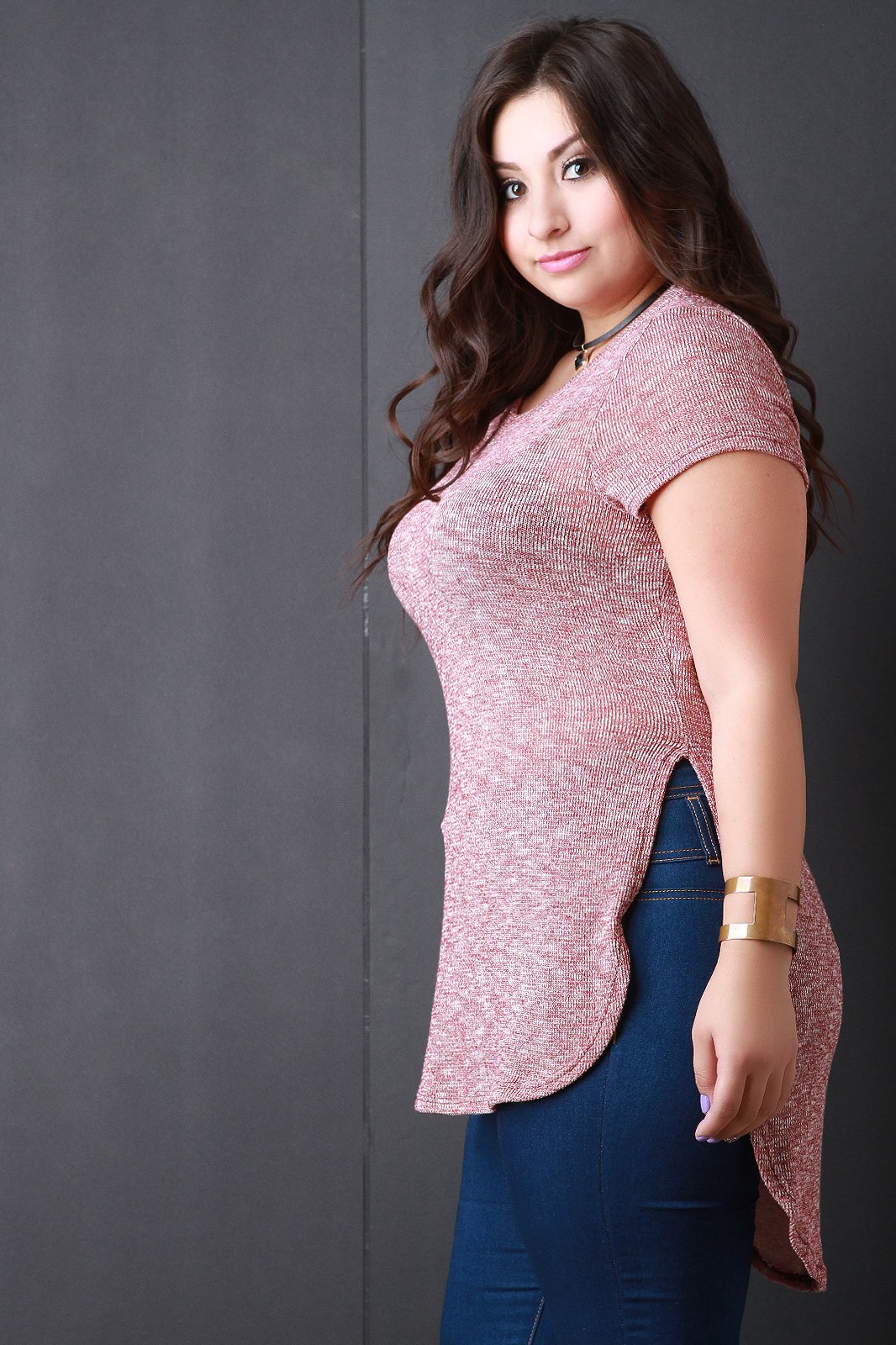 Metallic Knit Round High Low Hem Top