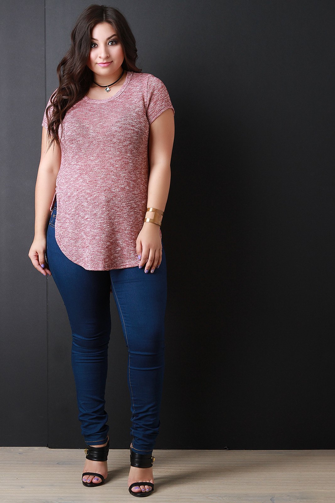 Metallic Knit Round High Low Hem Top