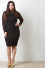 Contrast Mesh Long Sleeve Necklace Midi Dress