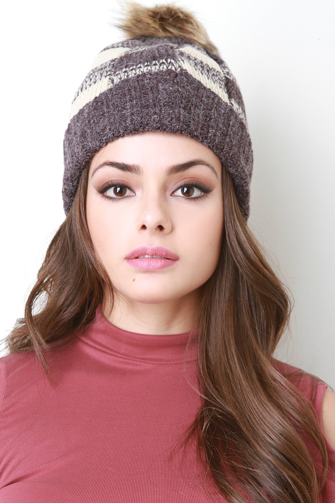 Knitted Gingham Faux Fur Lined Beanie