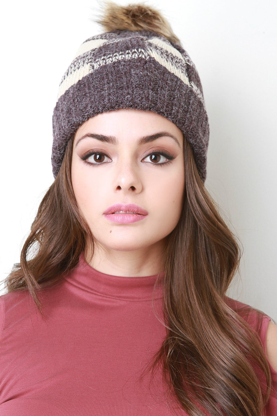 Knitted Gingham Faux Fur Lined Beanie