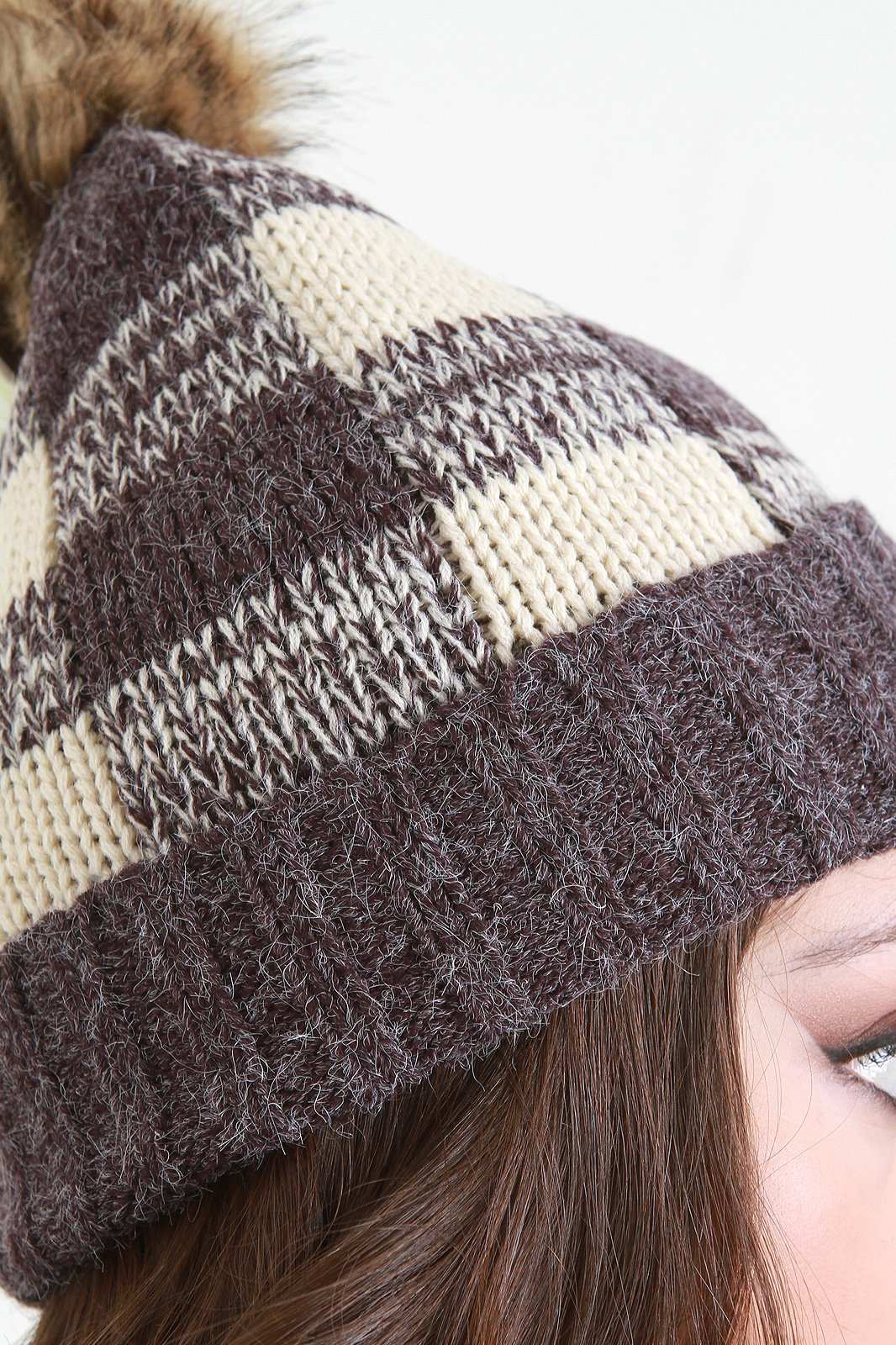 Knitted Gingham Faux Fur Lined Beanie
