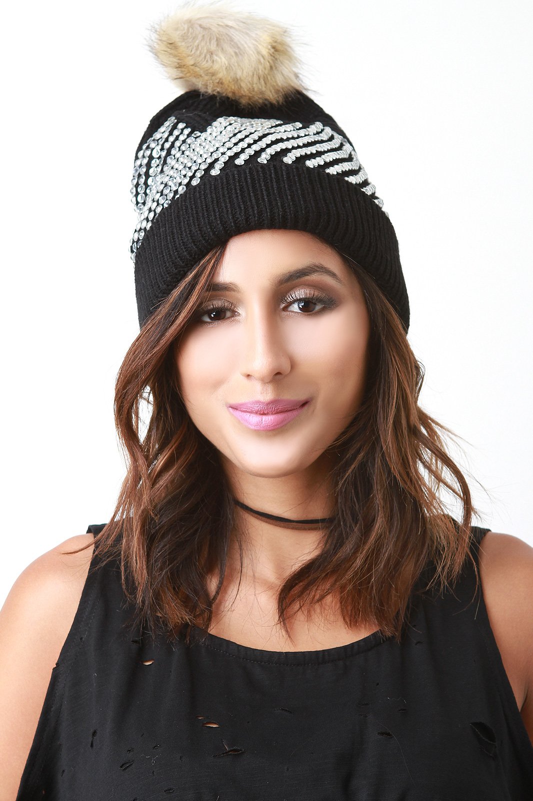 Rhinestone Embellished Faux Fur Pom Pom Beanie