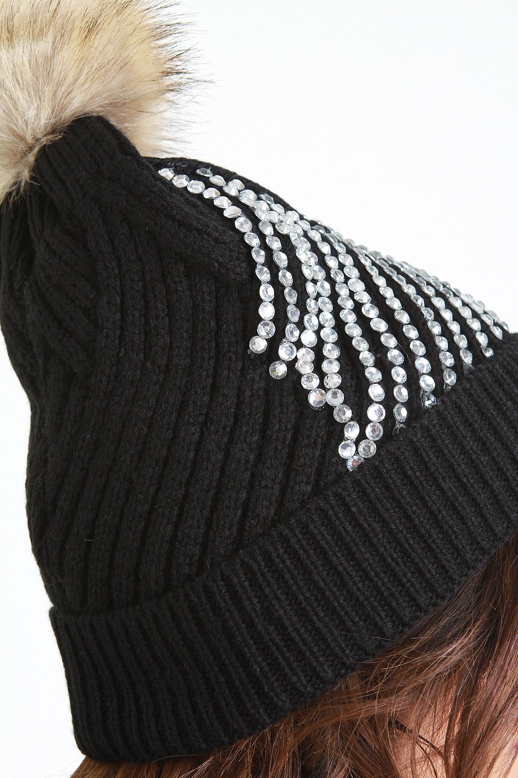 Rhinestone Embellished Faux Fur Pom Pom Beanie