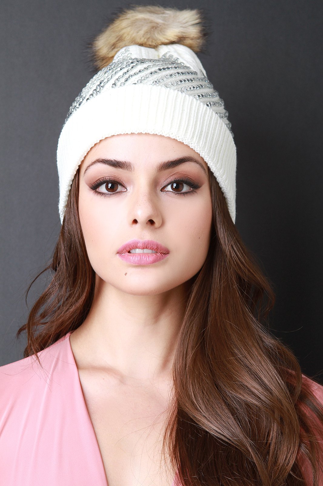 Rhinestone Embellished Faux Fur Pom Pom Beanie