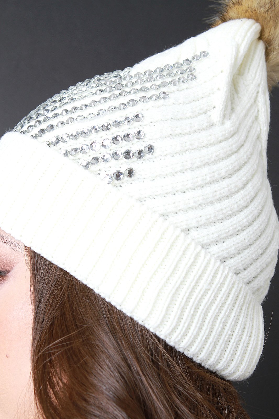Rhinestone Embellished Faux Fur Pom Pom Beanie