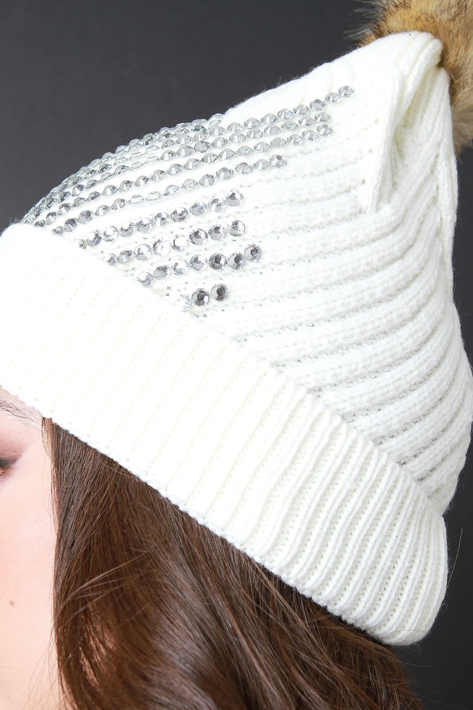 Rhinestone Embellished Faux Fur Pom Pom Beanie