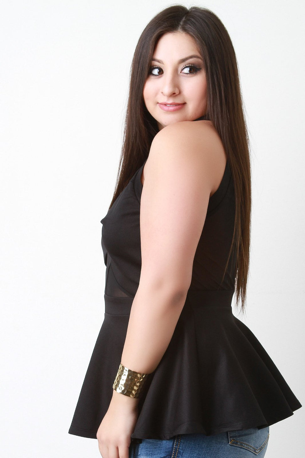 Mesh Contrast Keyhole Back Sleeveless Peplum Top