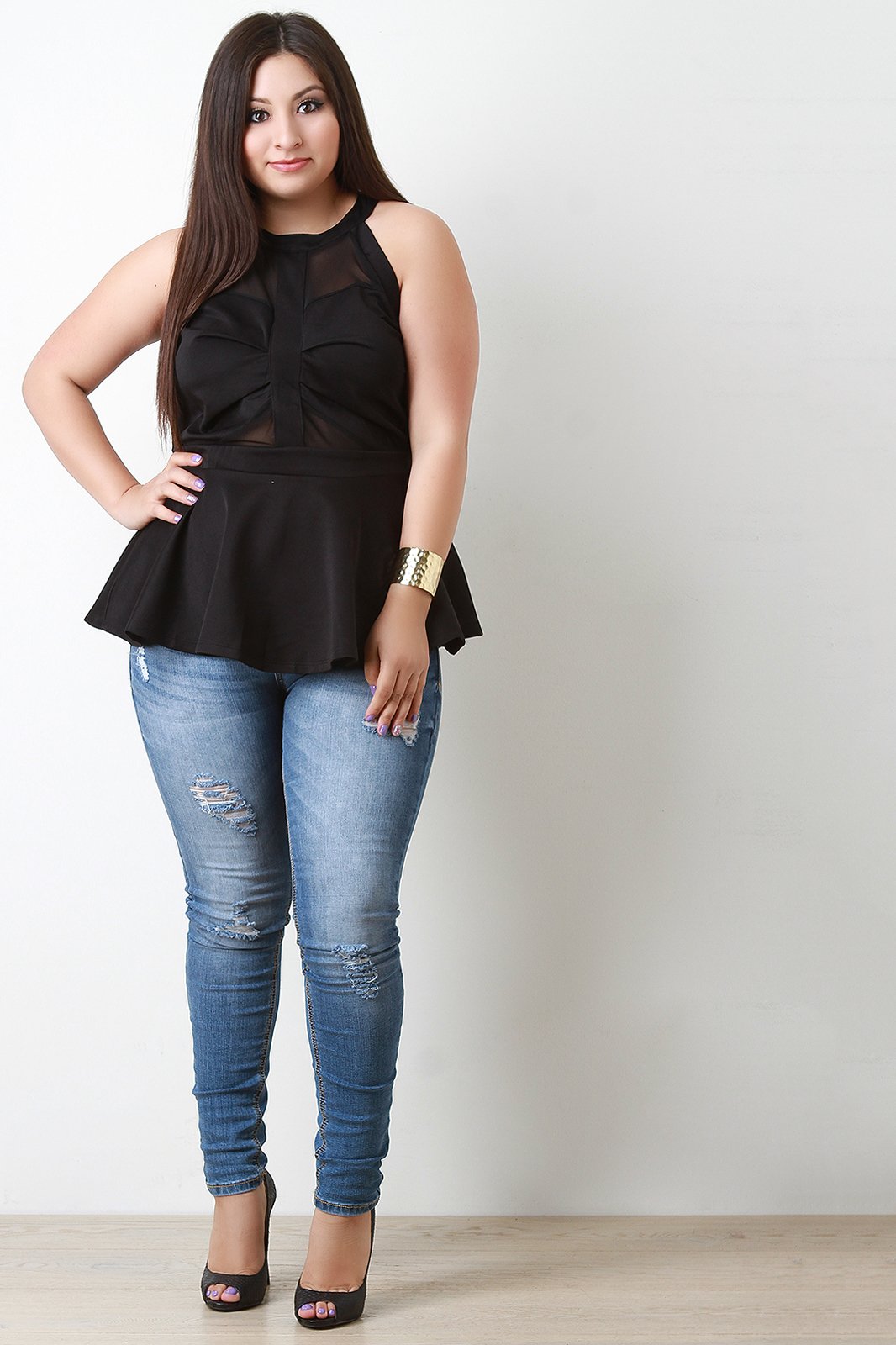 Mesh Contrast Keyhole Back Sleeveless Peplum Top