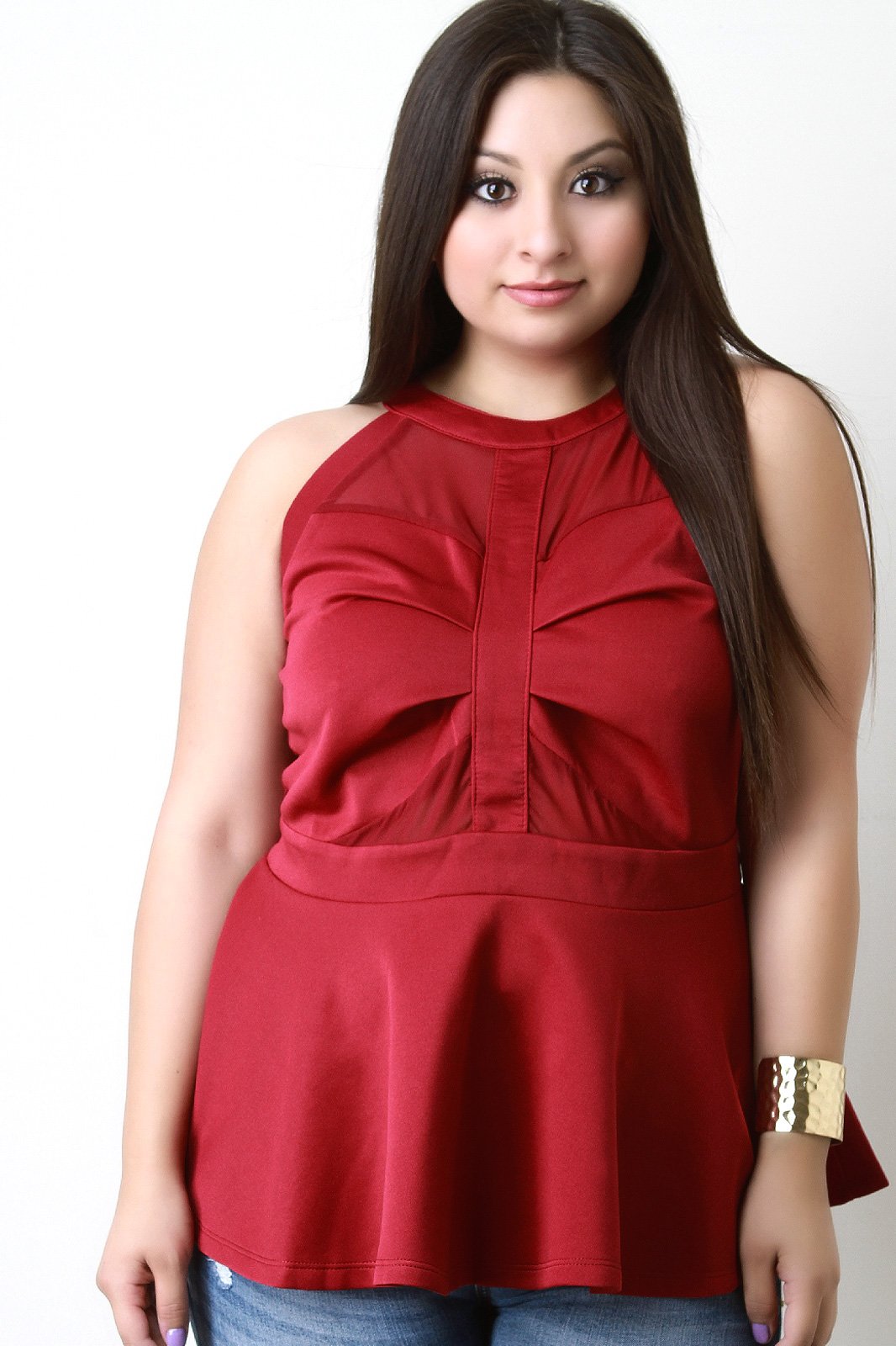 Mesh Contrast Keyhole Back Sleeveless Peplum Top