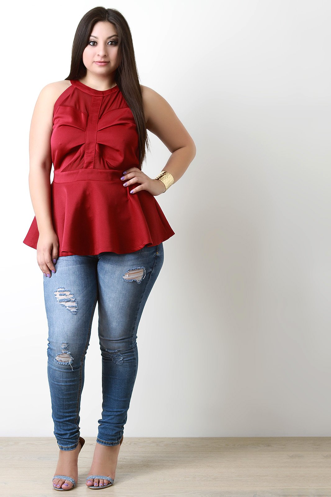 Mesh Contrast Keyhole Back Sleeveless Peplum Top