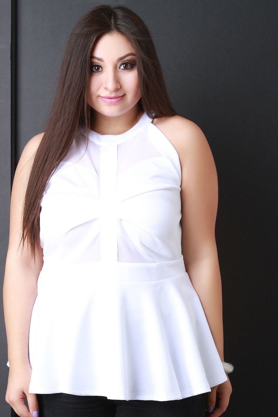 Mesh Contrast Keyhole Back Sleeveless Peplum Top