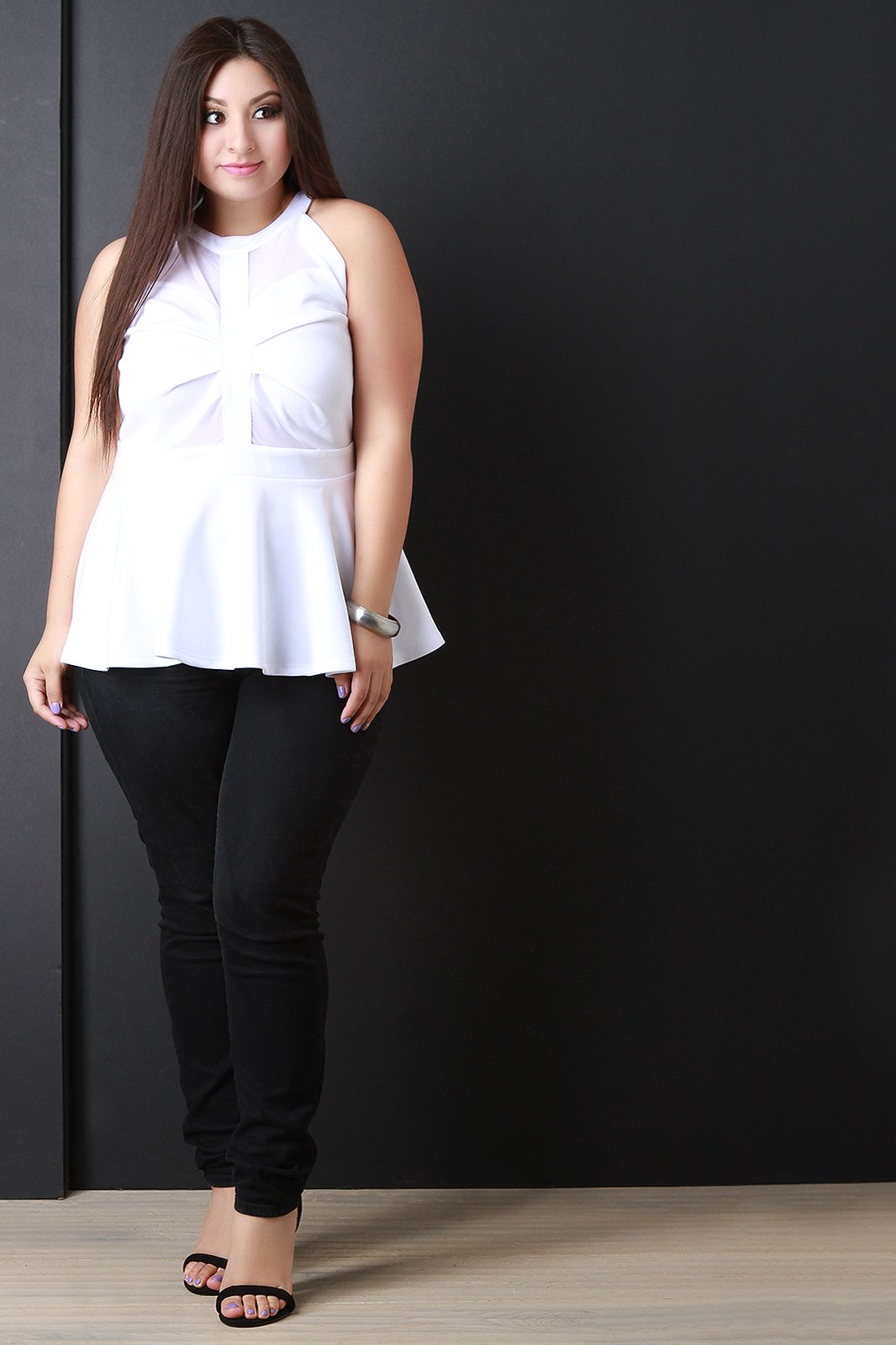 Mesh Contrast Keyhole Back Sleeveless Peplum Top