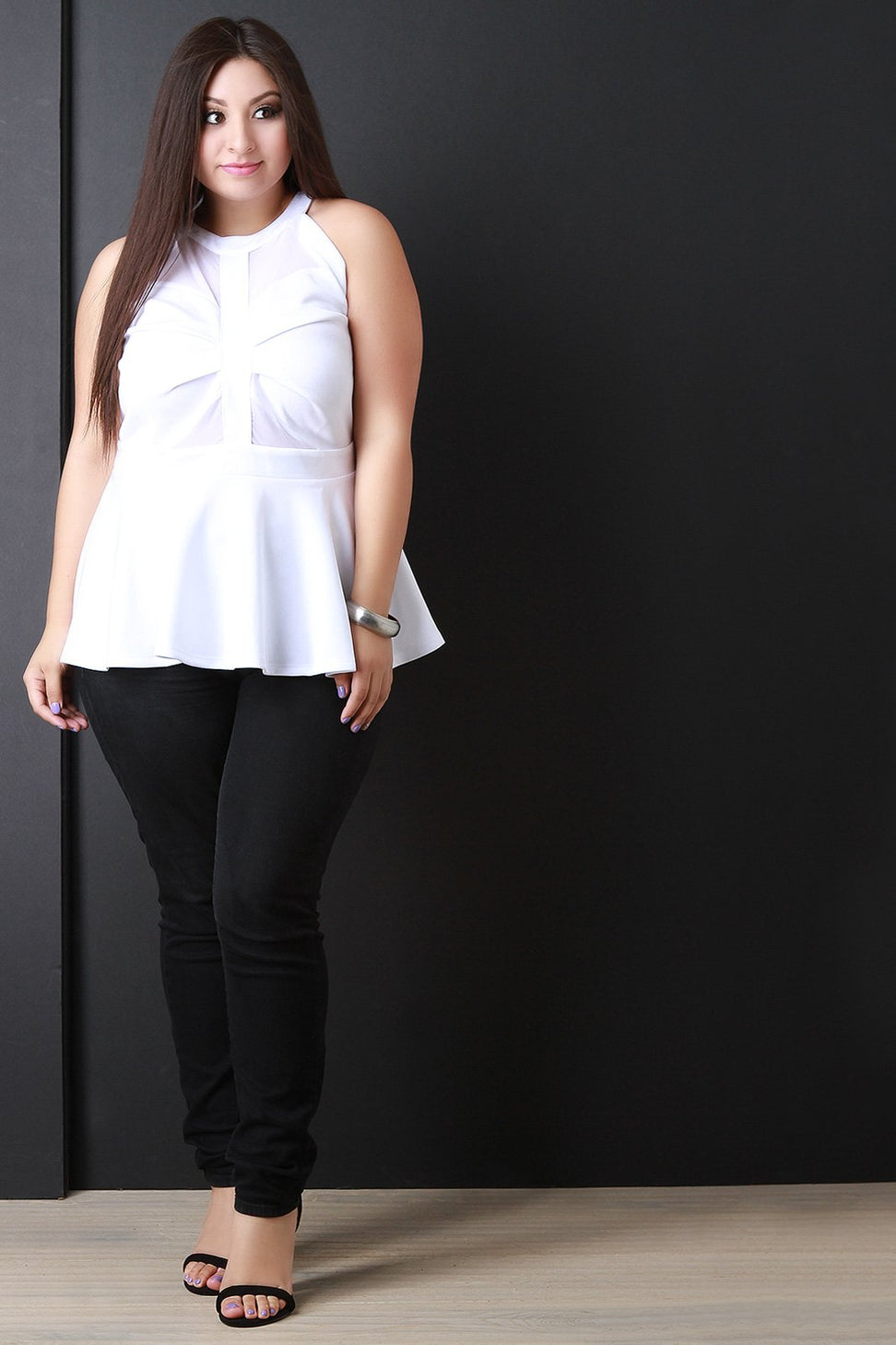 Mesh Contrast Keyhole Back Sleeveless Peplum Top