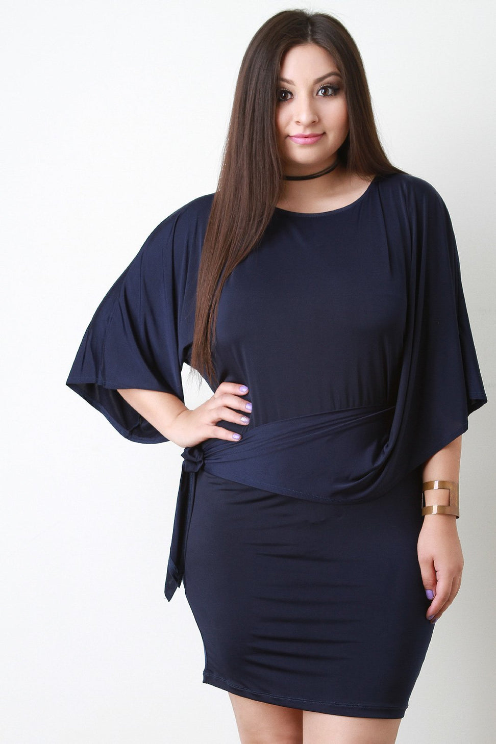 Asymmetrical Dolman Sleeve Tie Mini Dress
