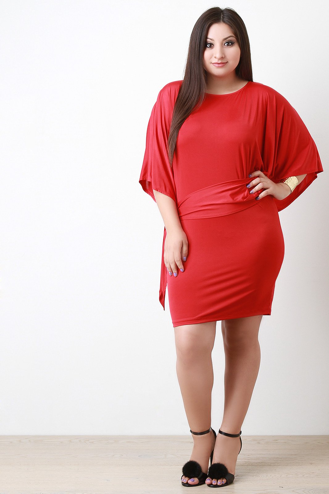 Asymmetrical Dolman Sleeve Tie Mini Dress