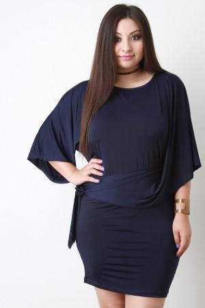 Asymmetrical Dolman Sleeve Tie Mini Dress