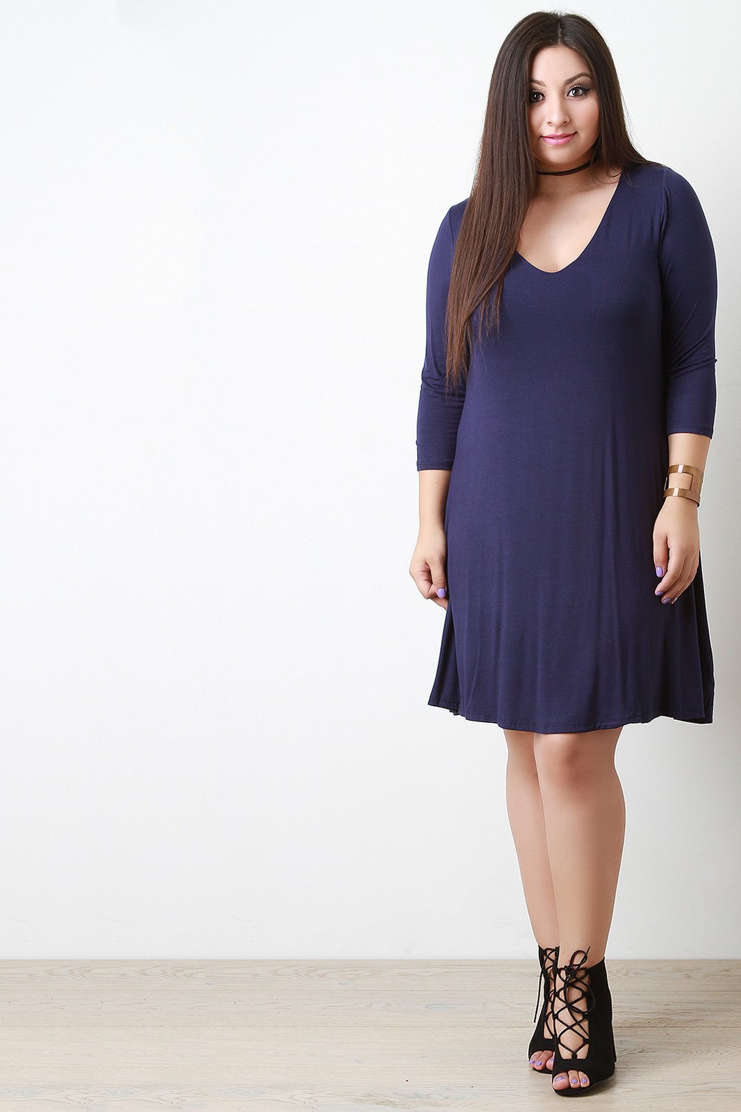 Double Layer V Neck Half Sleeve Tee Shirt Dress - NoveltyOne
