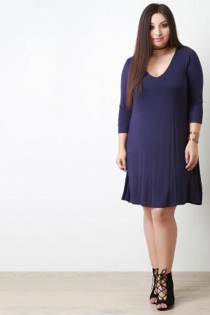 Double Layer V Neck Half Sleeve Tee Shirt Dress - NoveltyOne