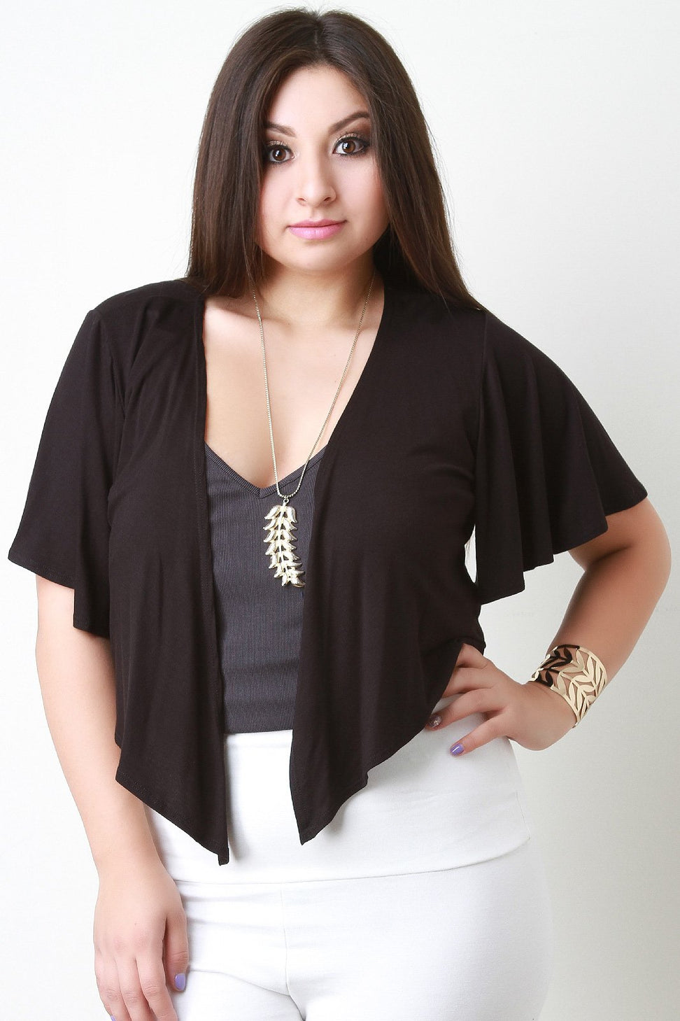 Jersey Knit Flutter Sleeves Cascade Front Bolero