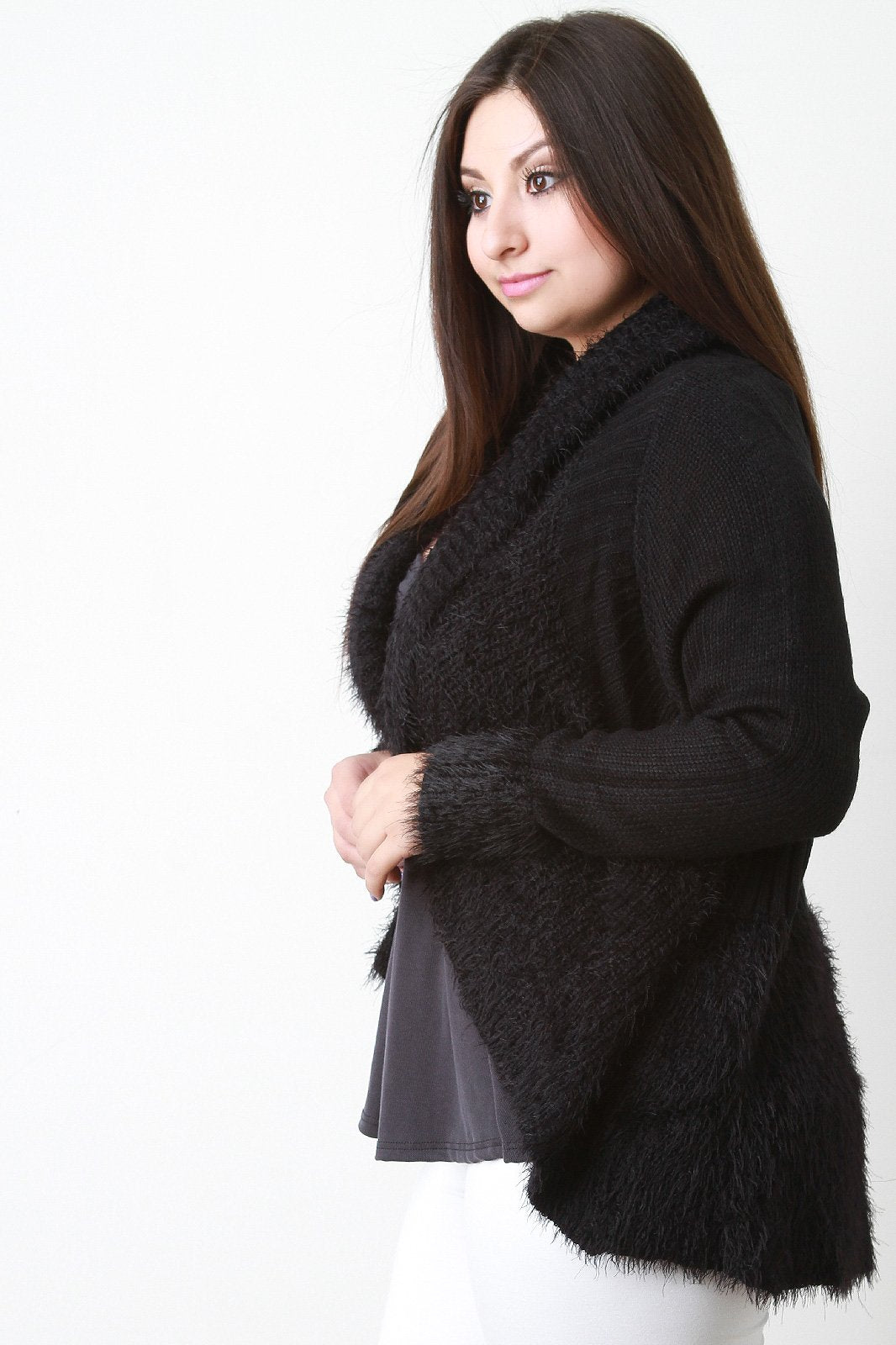 Shearling Trim Open Front Sweater