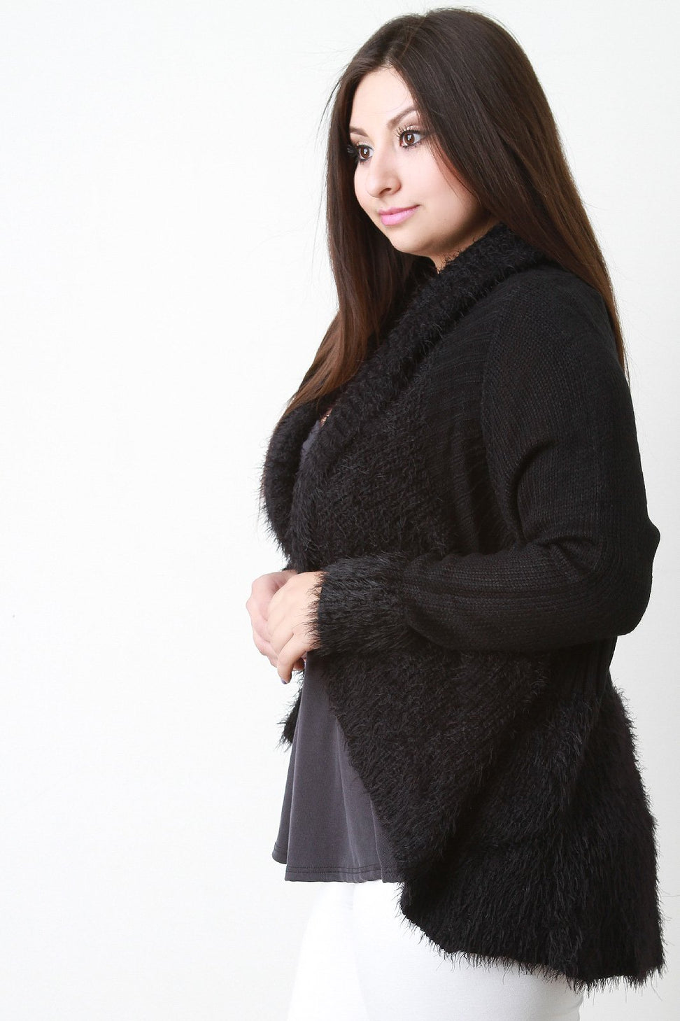 Shearling Trim Open Front Sweater