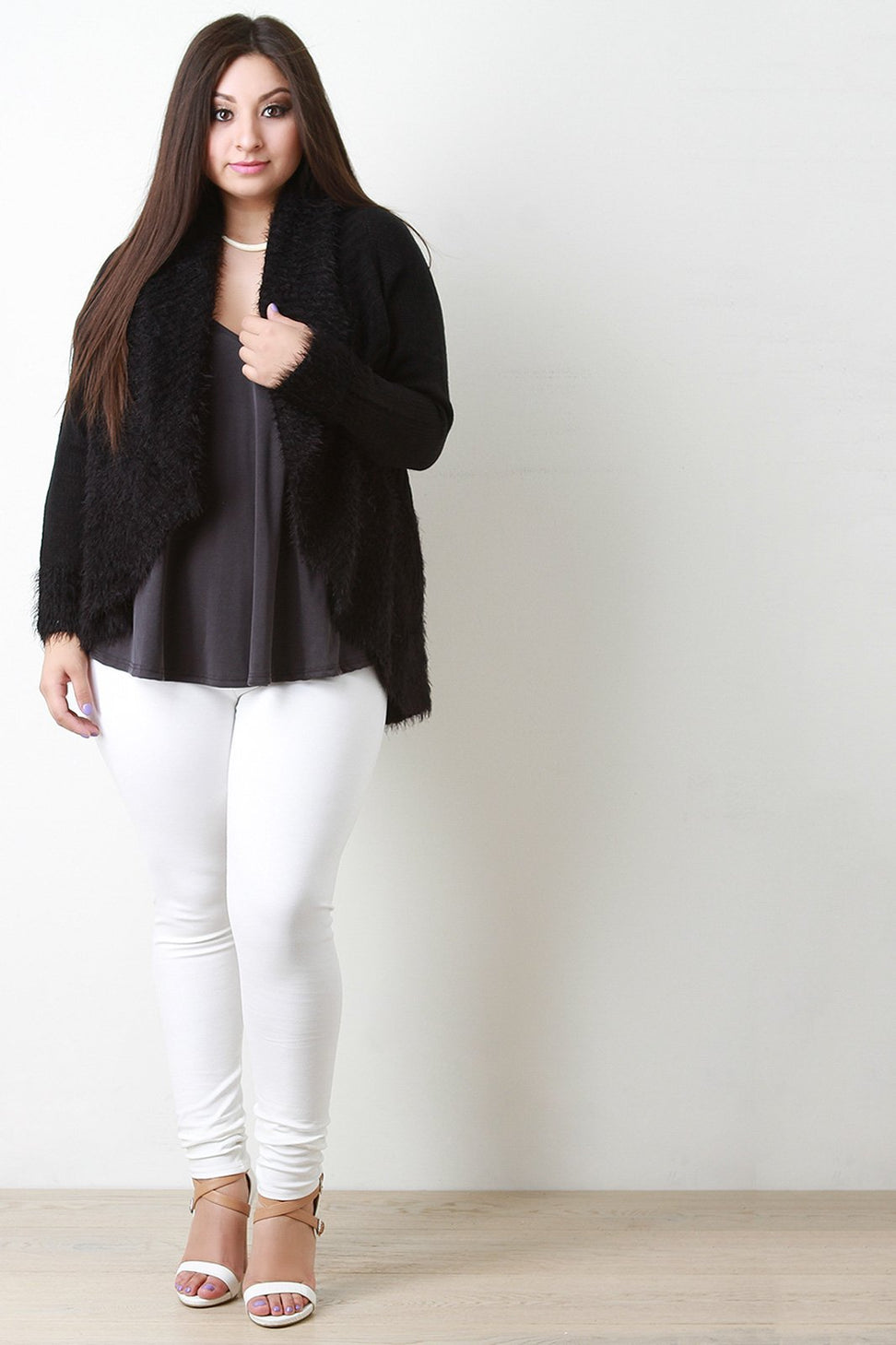 Shearling Trim Open Front Sweater