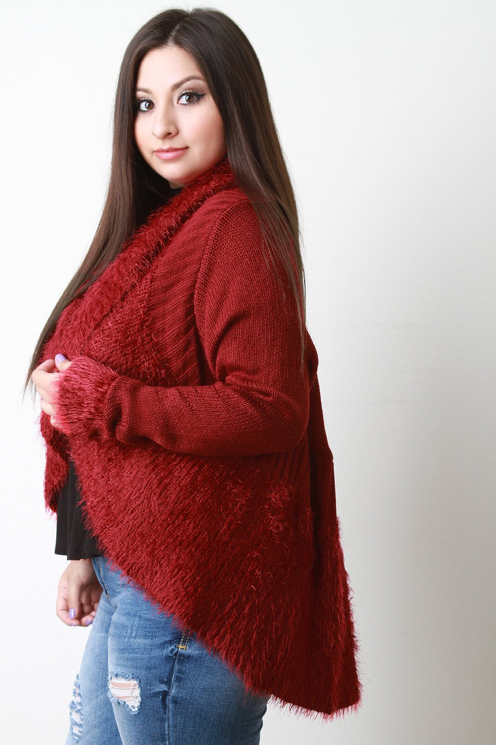 Shearling Trim Open Front Sweater