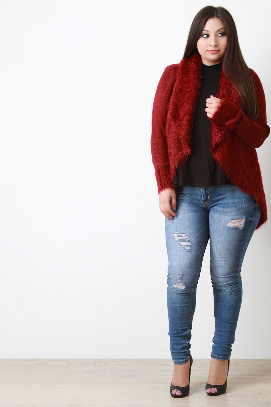 Shearling Trim Open Front Sweater