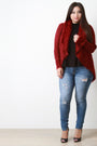 Shearling Trim Open Front Sweater