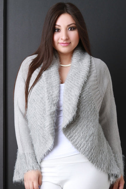Shearling Trim Open Front Sweater