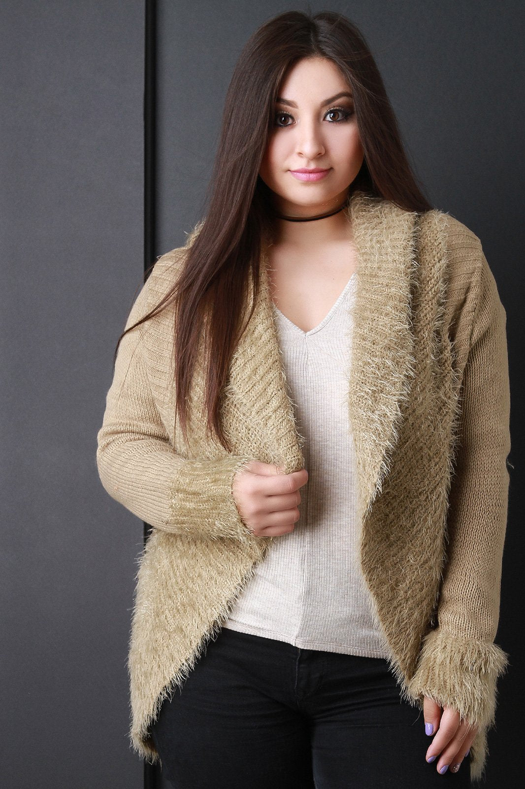 Shearling Trim Open Front Sweater