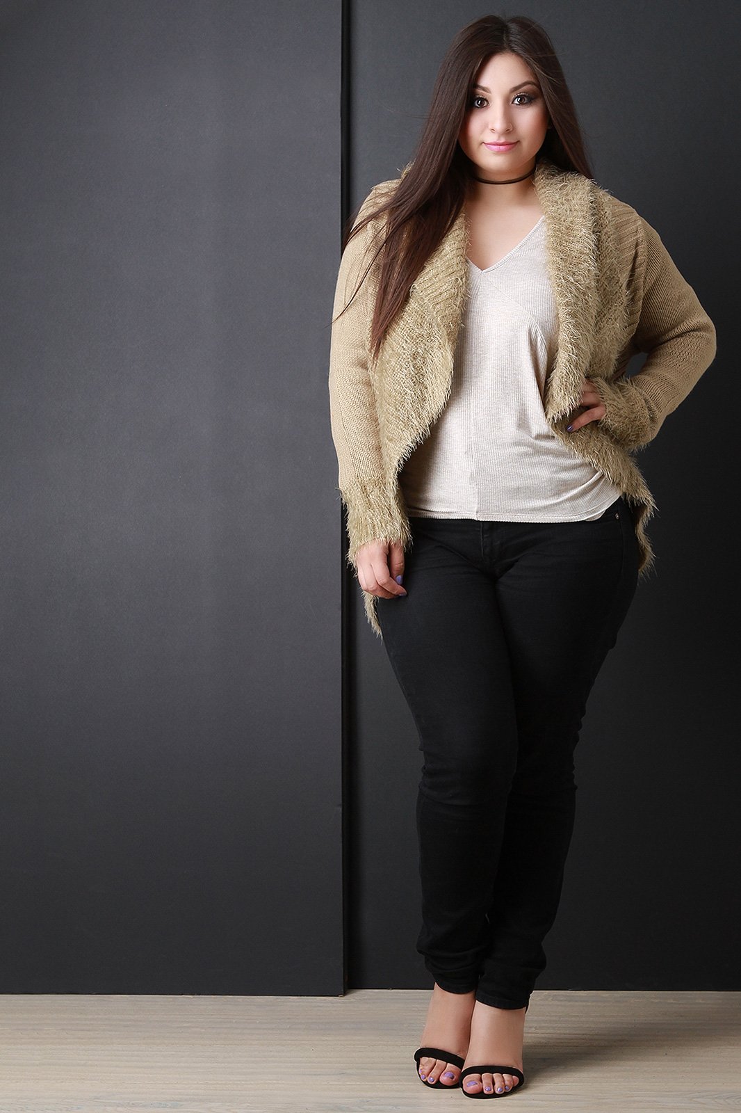 Shearling Trim Open Front Sweater