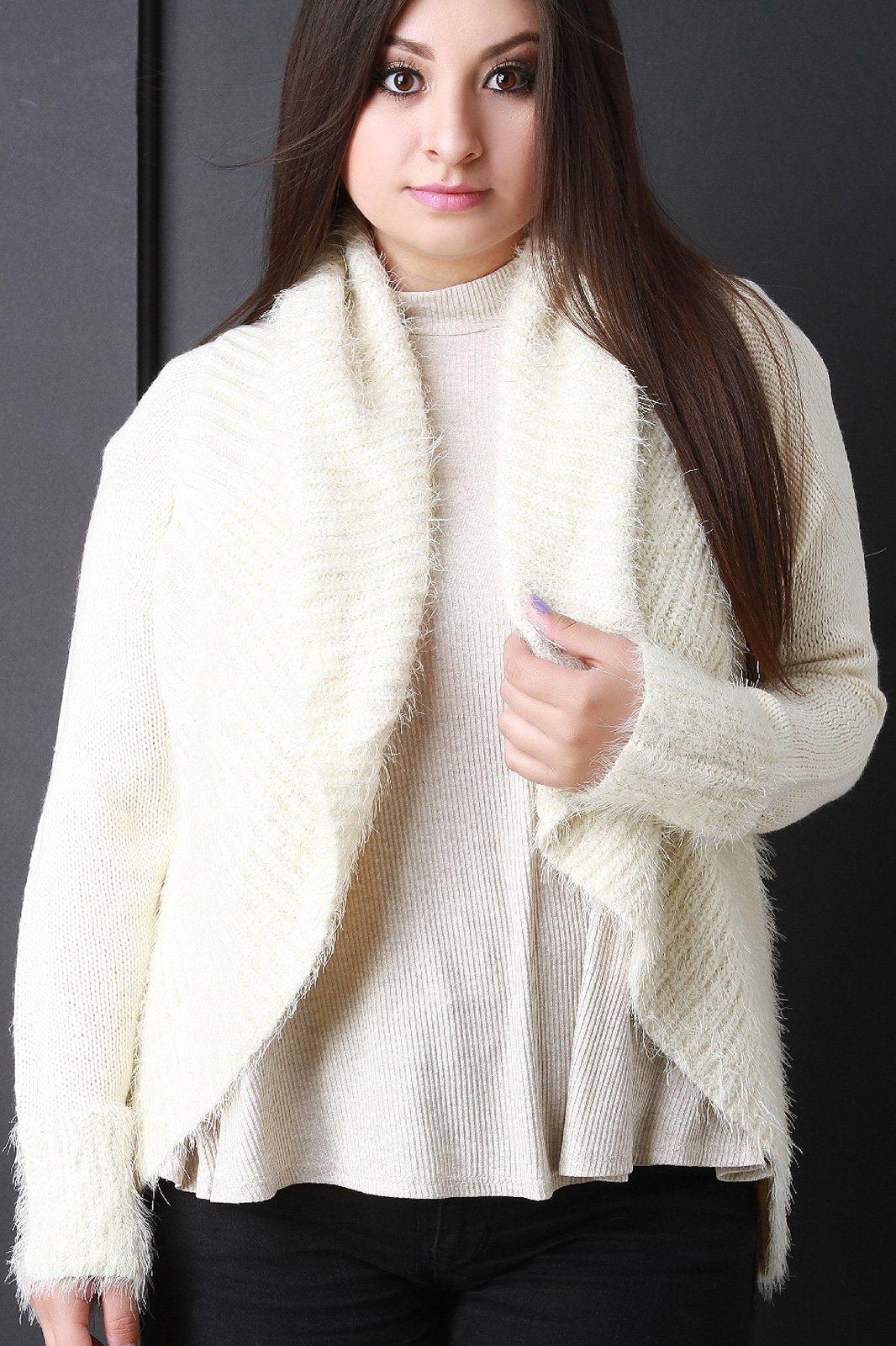 Shearling Trim Open Front Sweater
