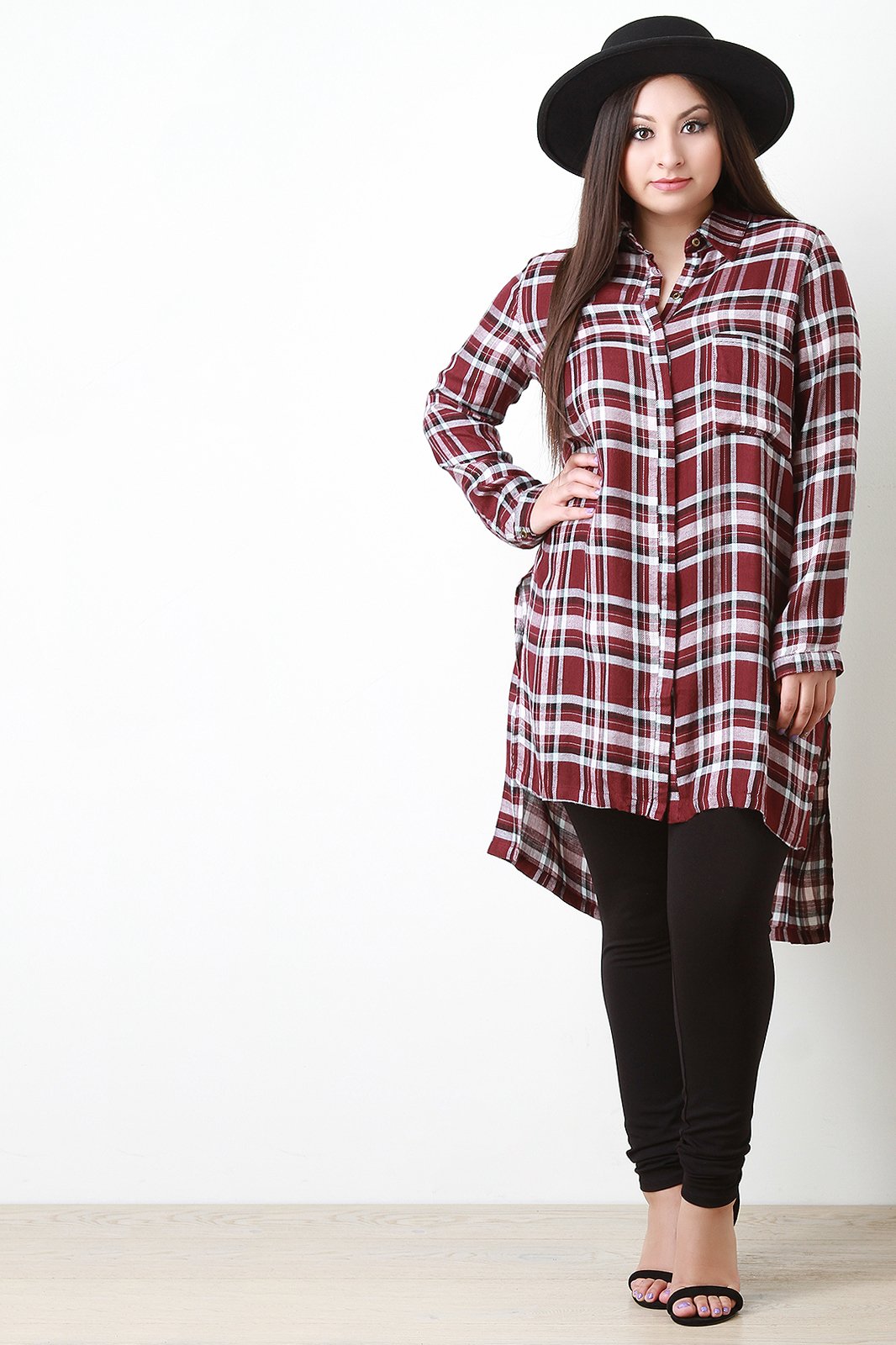 Plaid Side Slit High-Low Tunic Shirt