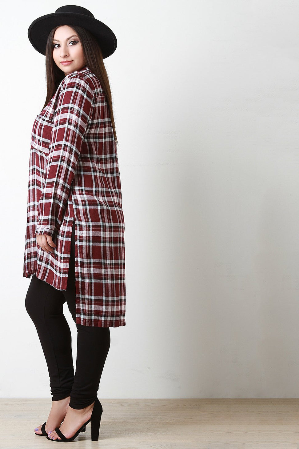Plaid Side Slit High-Low Tunic Shirt