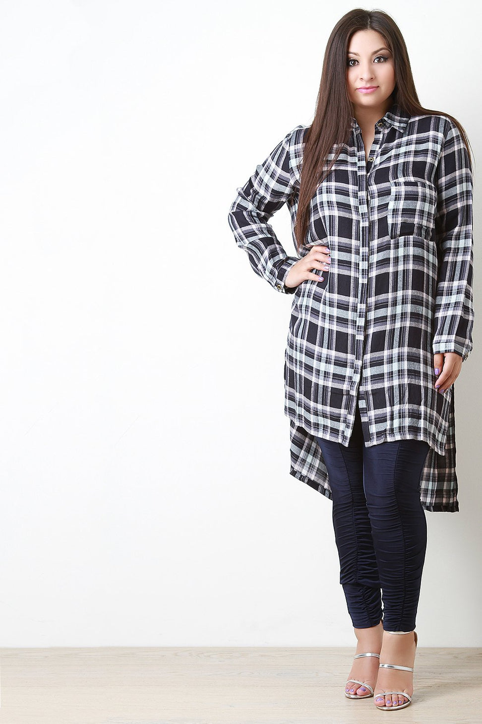 Plaid Side Slit High-Low Tunic Shirt