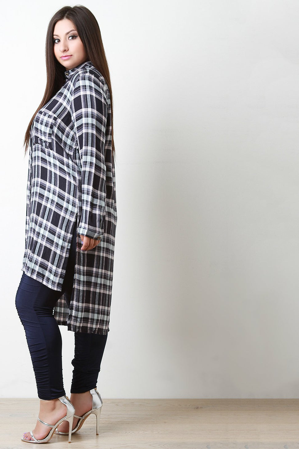 Plaid Side Slit High-Low Tunic Shirt