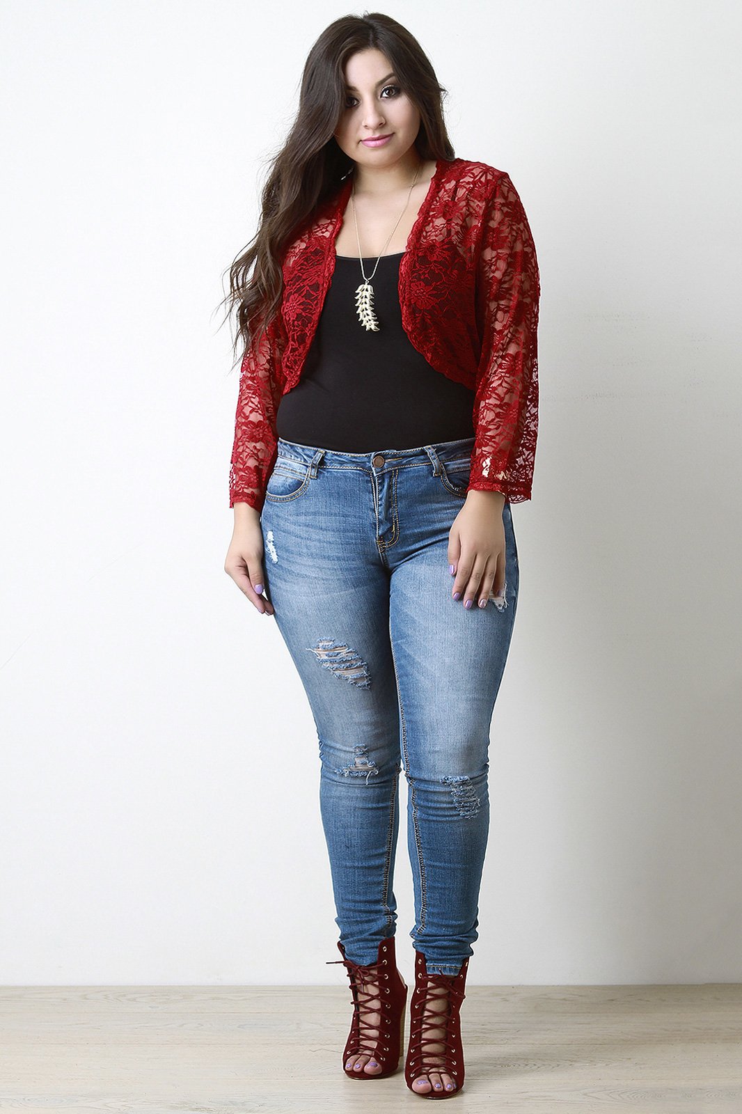 Open Front Lace Long Sleeve Cropped Bolero