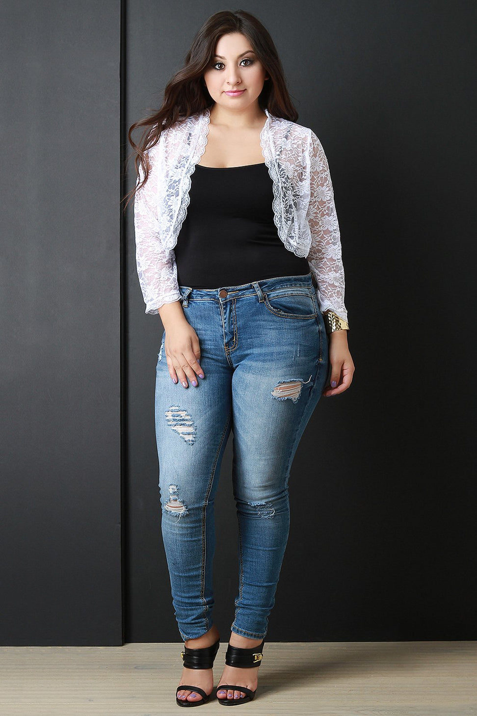 Open Front Lace Long Sleeve Cropped Bolero