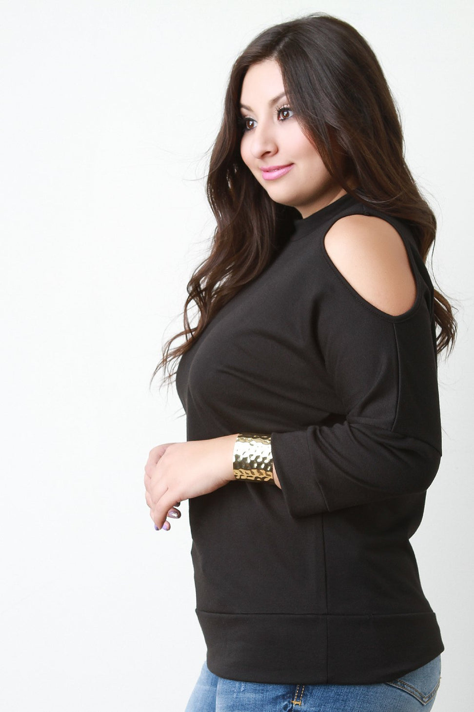 Knit Open Shoulder Mock Neck Top