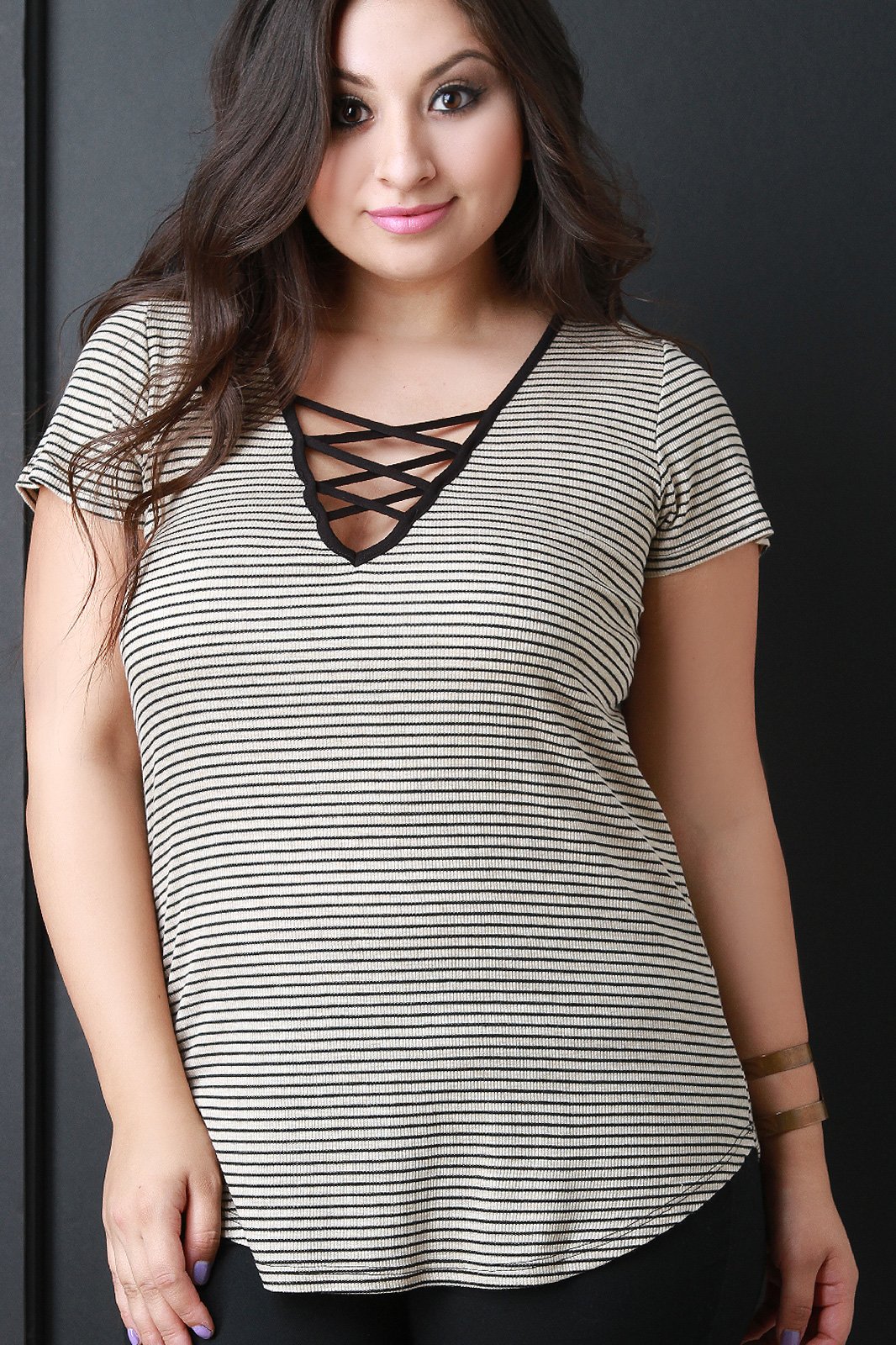 Striped Knit Criss Cross Short Sleeve Top