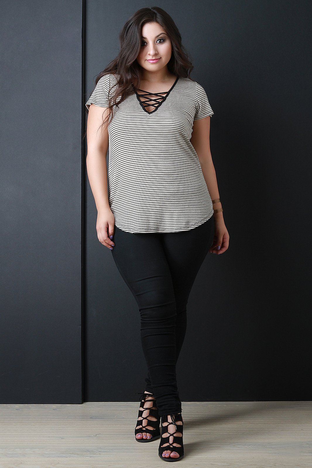 Striped Knit Criss Cross Short Sleeve Top