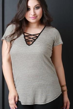 Striped Knit Criss Cross Short Sleeve Top