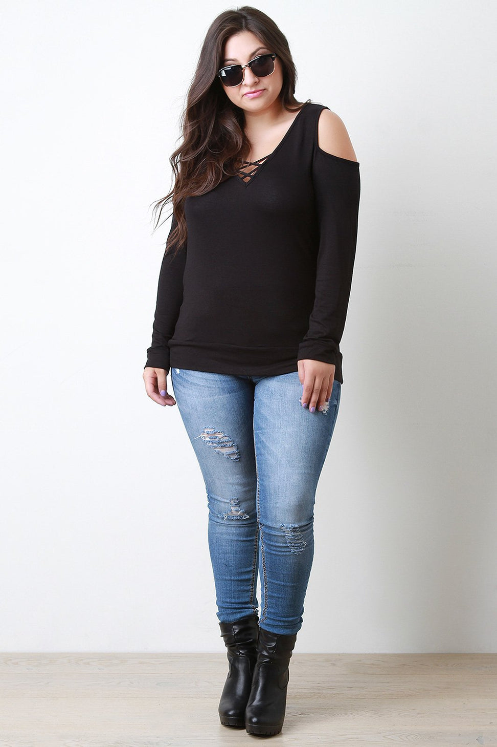 Open Shoulder Criss Cross Knit Top