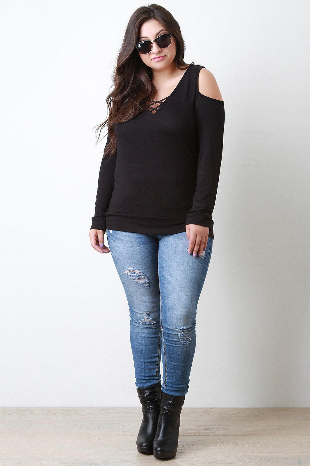 Open Shoulder Criss Cross Knit Top