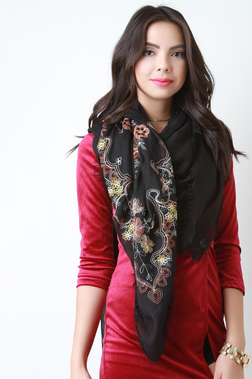 Floral Embroidered Frayed Scarf - NoveltyOne
