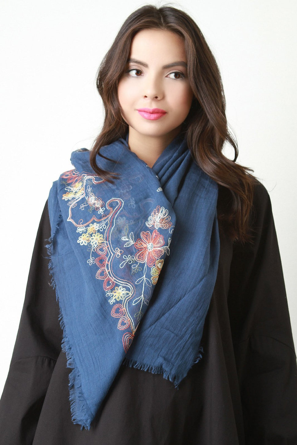 Floral Embroidered Frayed Scarf - NoveltyOne